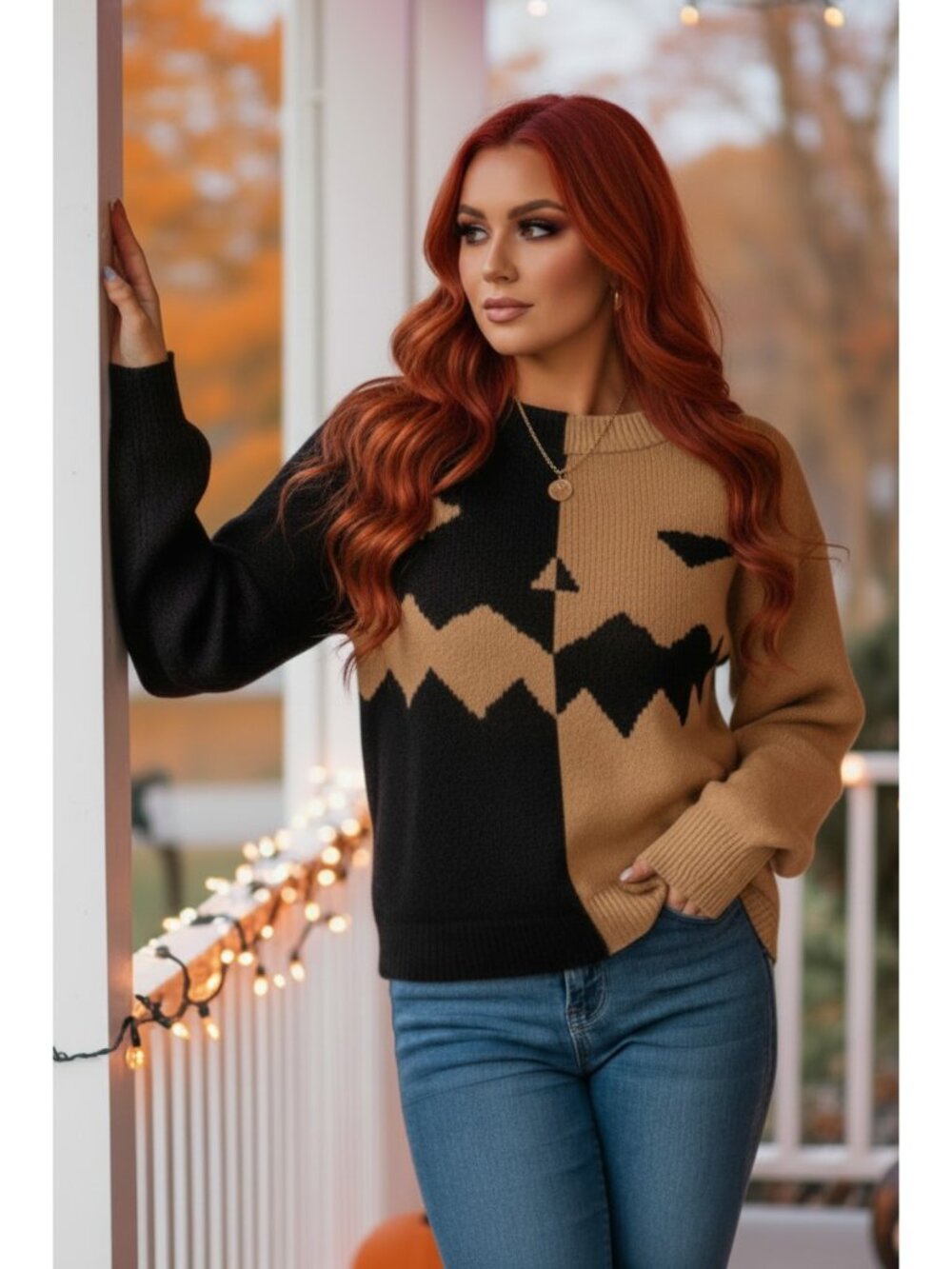 Halloween Knit Jack O’ Lantern Colorblock Relaxed Crew Neck Pullover Sweater